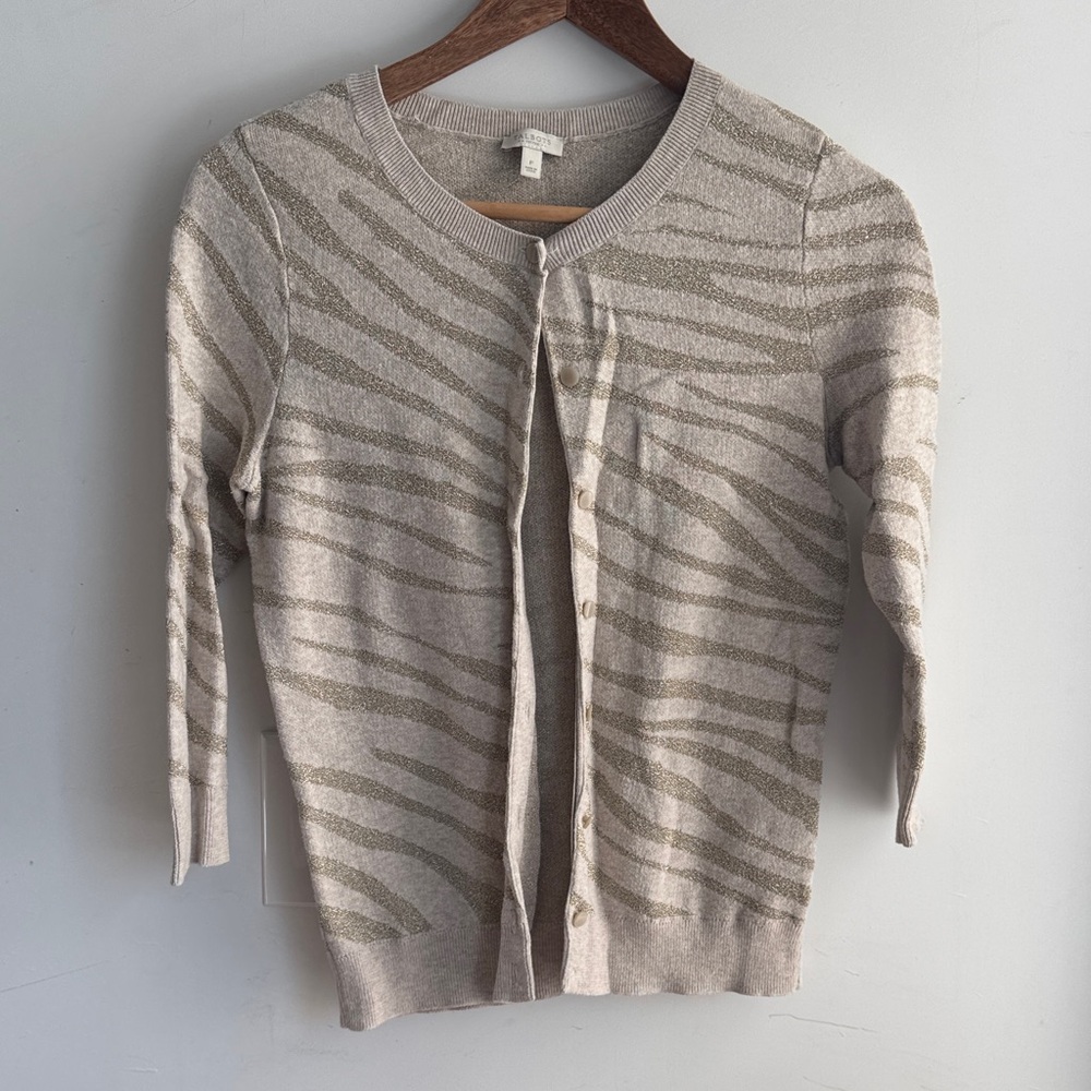 Talbots Petites Metallic Zebra Stripe Cardigan Sweater P Neutral Beige Gold